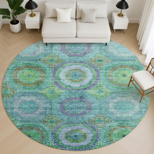 HomeRoots 8' X 10' Vibrant Teal and Lime Green Geometric Washable Area Rug with UV Protection & Stain Resistance 716513