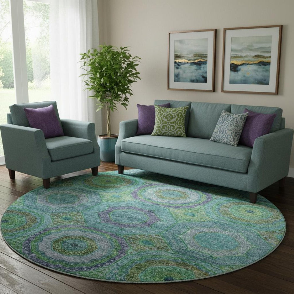 HomeRoots 8' X 10' Vibrant Teal and Lime Green Geometric Washable Area Rug with UV Protection & Stain Resistance 716513