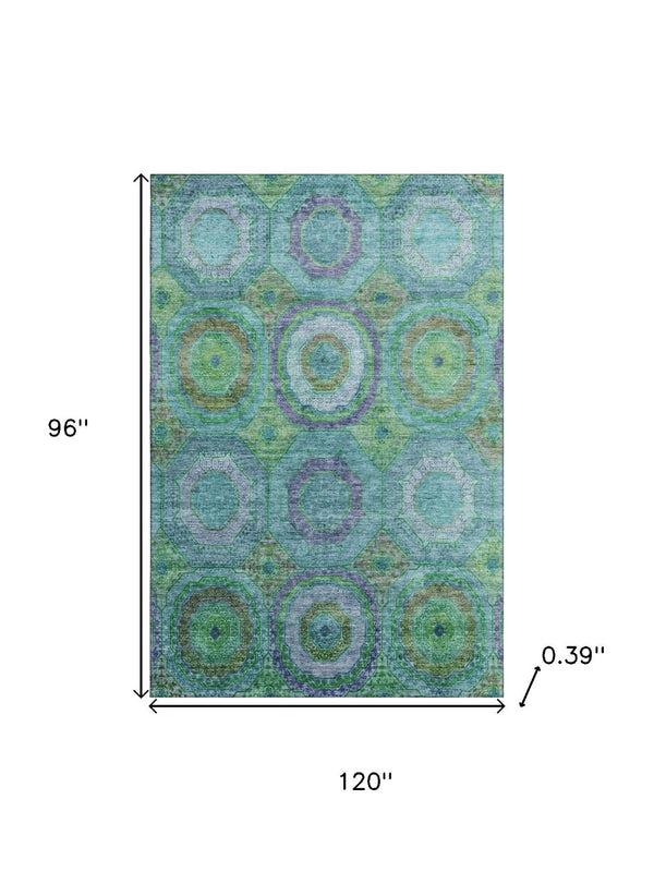 HomeRoots 9' X 12' Teal & Lime Green Geometric Area Rug – Stylish, Washable, UV-Protected & Non-Slip Design! 716514