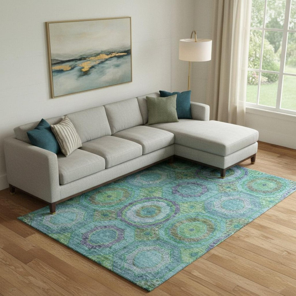 HomeRoots 9' X 12' Teal & Lime Green Geometric Area Rug – Stylish, Washable, UV-Protected & Non-Slip Design! 716514