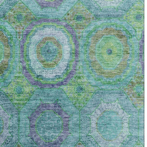 HomeRoots 10' X 14' Teal & Lime Green Geometric Area Rug - Washable, Durable, UV Protected for High-Traffic Spaces 716515