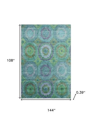 HomeRoots 10' X 14' Teal & Lime Green Geometric Area Rug - Washable, Durable, UV Protected for High-Traffic Spaces 716515