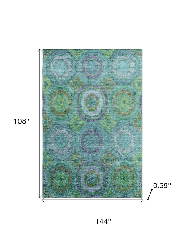HomeRoots 10' X 14' Teal & Lime Green Geometric Area Rug - Washable, Durable, UV Protected for High-Traffic Spaces 716515