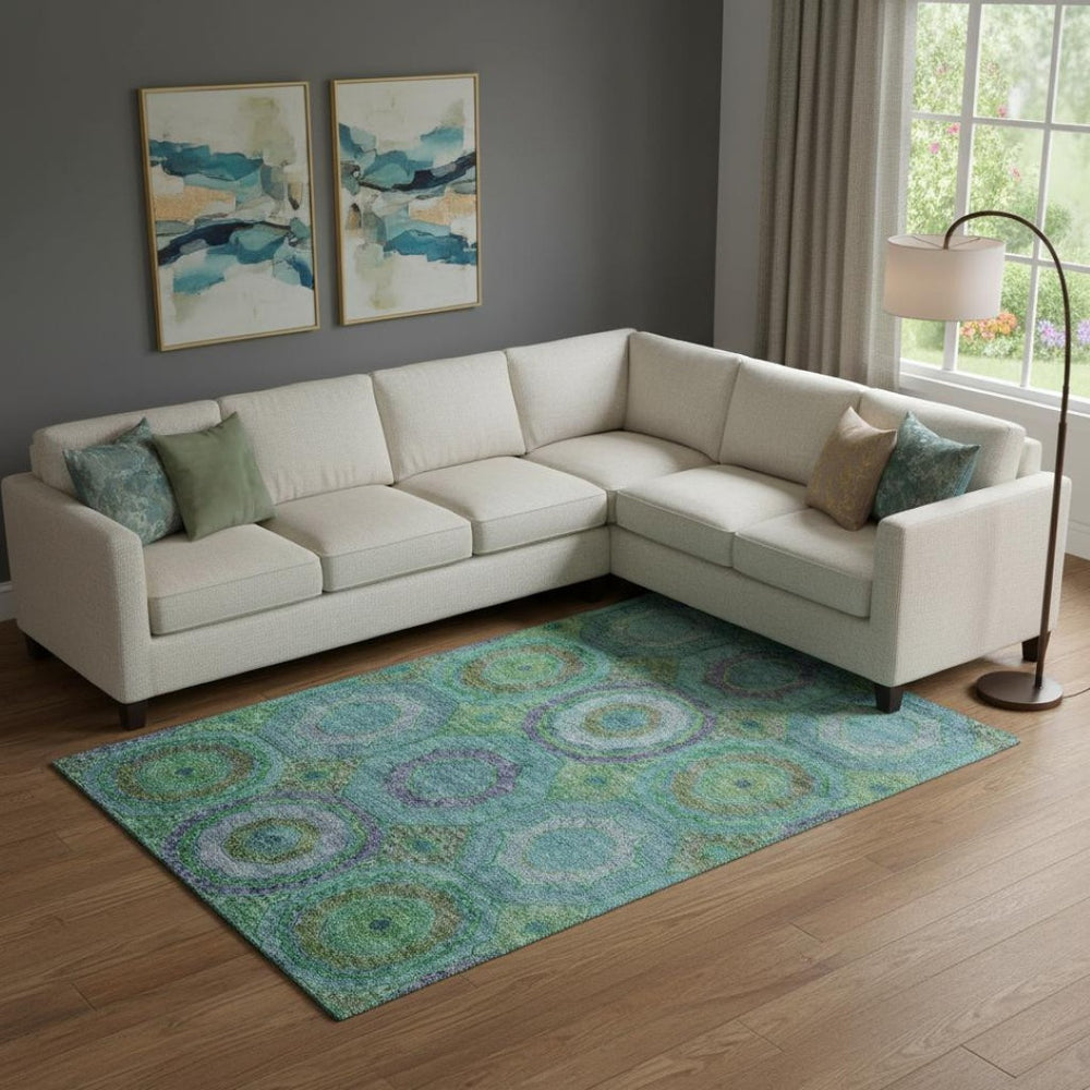 HomeRoots 10' X 14' Teal & Lime Green Geometric Area Rug - Washable, Durable, UV Protected for High-Traffic Spaces 716515