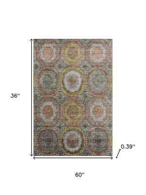 HomeRoots 5' X 8' Sage and Gold Geometric Area Rug - Washable, Stain Resistant, UV Protected for Modern Spaces 716517