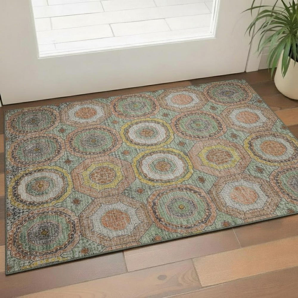 HomeRoots 5' X 8' Sage and Gold Geometric Area Rug - Washable, Stain Resistant, UV Protected for Modern Spaces 716517