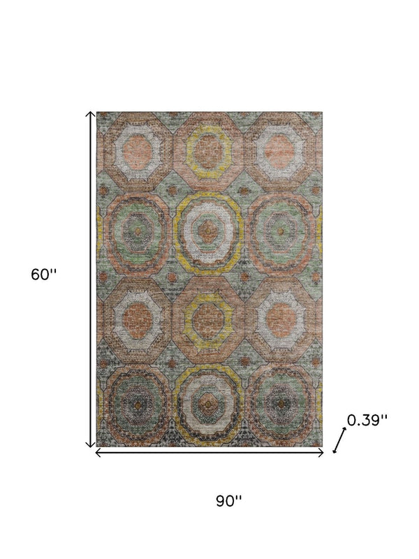 HomeRoots 8' Sage and Gold Geometric Round Rug – Durable, Washable, UV-Protected for Stylish Living Spaces! 716518