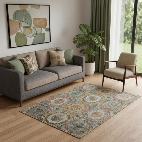 HomeRoots 8' Sage and Gold Geometric Round Rug – Durable, Washable, UV-Protected for Stylish Living Spaces! 716518