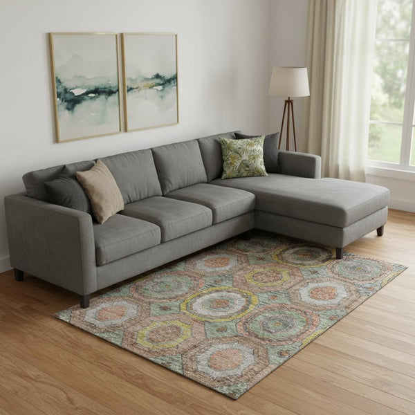 HomeRoots 9' X 12' Sage and Gold Geometric Washable Area Rug - Stylish, Durable, UV-Protected for Busy Homes 716520