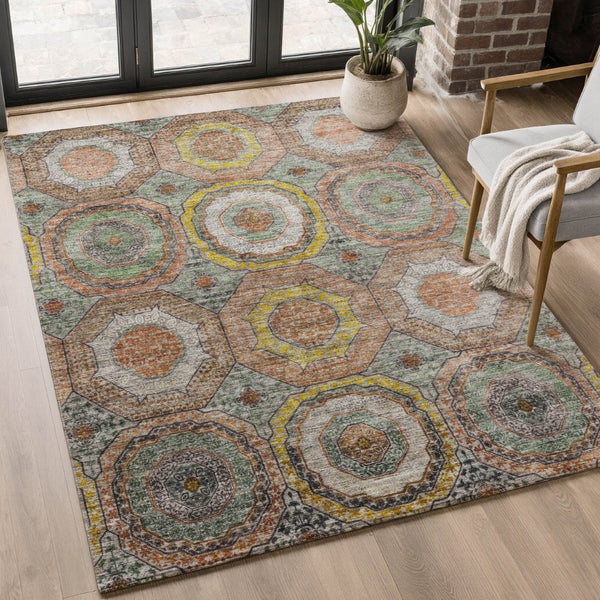HomeRoots 10' X 14' Sage and Gold Geometric Area Rug - Washable, UV-Protected, Durable for High-Traffic Spaces 716521