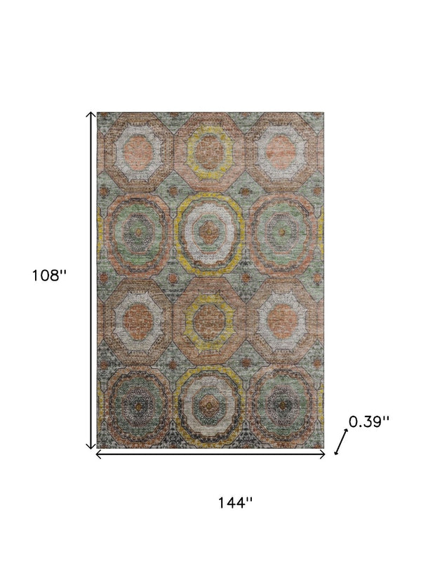HomeRoots 10' X 14' Sage and Gold Geometric Area Rug - Washable, UV-Protected, Durable for High-Traffic Spaces 716521
