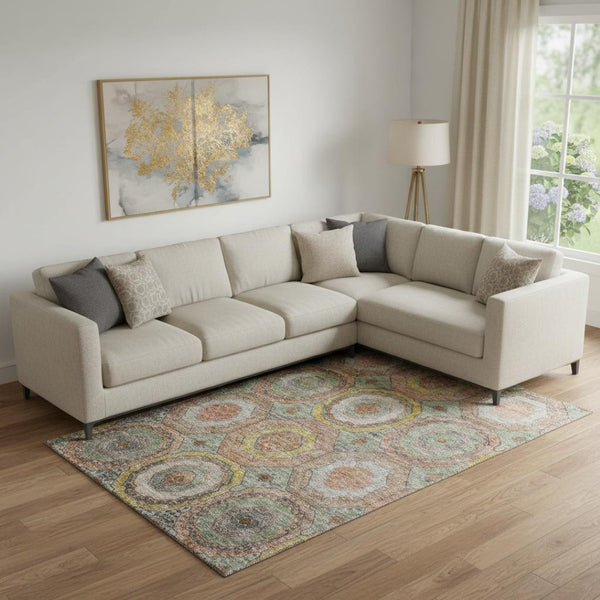 HomeRoots 10' X 14' Sage and Gold Geometric Area Rug - Washable, UV-Protected, Durable for High-Traffic Spaces 716521