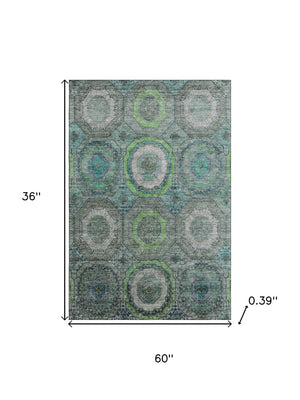 HomeRoots 5' X 8' Vibrant Teal and Lime Geometric Washable Area Rug - Durable, UV-Protected & Stylish Design 716523