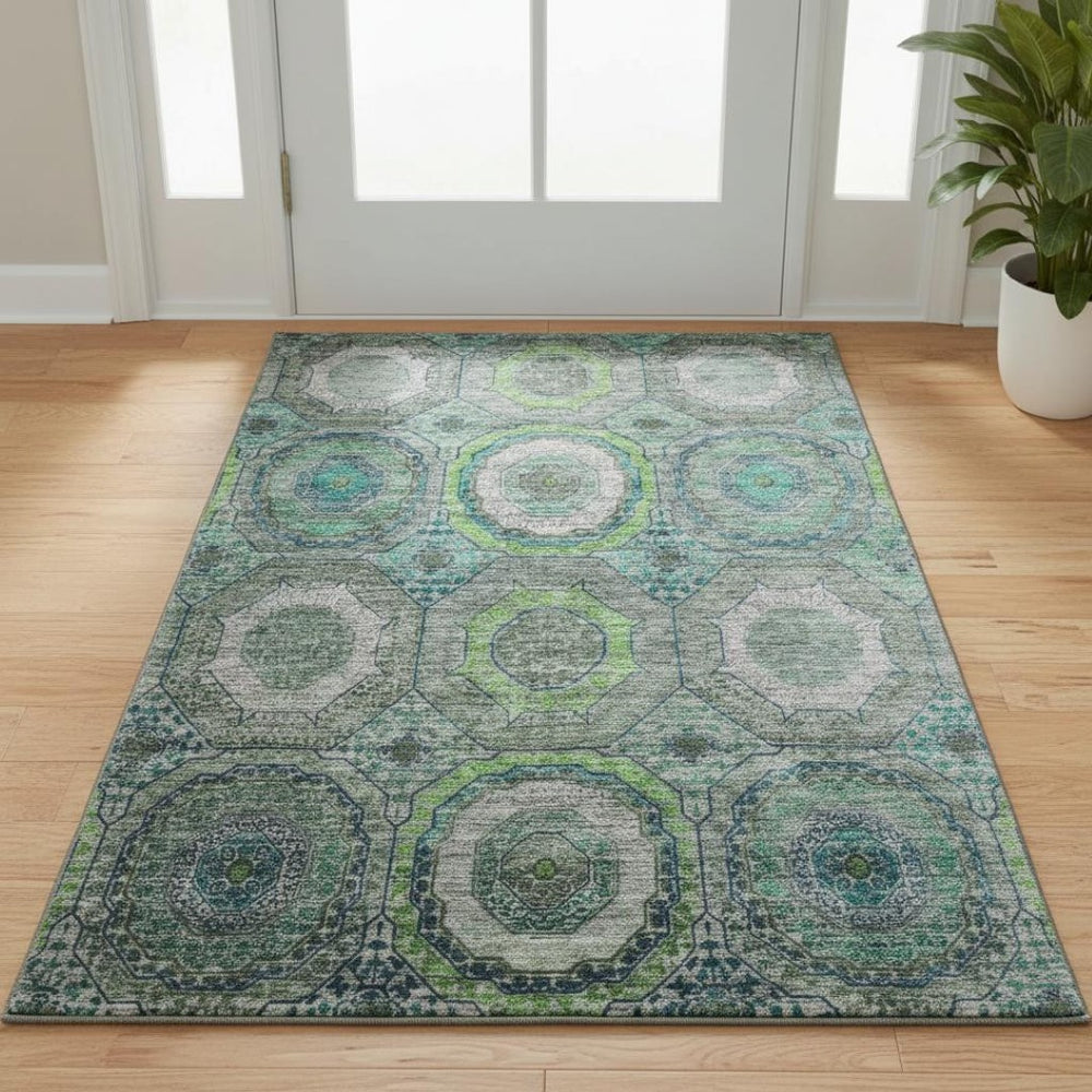 HomeRoots 5' X 8' Vibrant Teal and Lime Geometric Washable Area Rug - Durable, UV-Protected & Stylish Design 716523