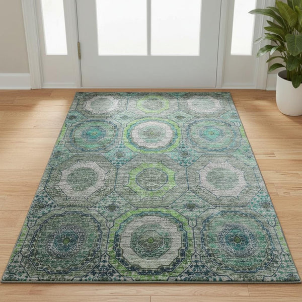 HomeRoots 5' X 8' Vibrant Teal and Lime Geometric Washable Area Rug - Durable, UV-Protected & Stylish Design 716523