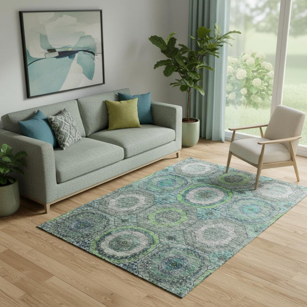 HomeRoots 8' Teal And Lime Green Geometric Washable Round Rug - Stylish, Durable, UV-Protected, Non-Slip Design 716524