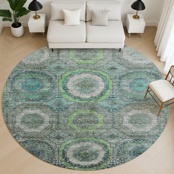 HomeRoots 8' X 10' Geometric Washable Area Rug in Teal & Lime Green - Stain Resistant, UV Protected, Easy Care 716525