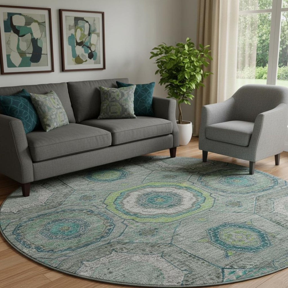 HomeRoots 8' X 10' Geometric Washable Area Rug in Teal & Lime Green - Stain Resistant, UV Protected, Easy Care 716525