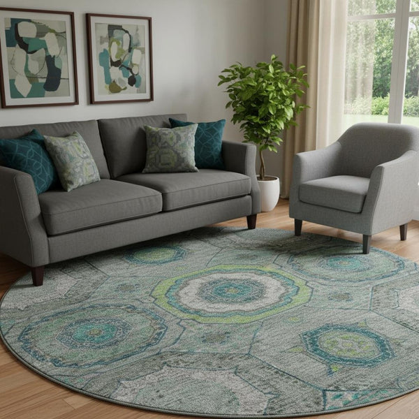 HomeRoots 8' X 10' Geometric Washable Area Rug in Teal & Lime Green - Stain Resistant, UV Protected, Easy Care 716525