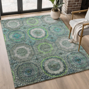 HomeRoots 9' X 12' Vibrant Teal & Lime Green Geometric Area Rug - Washable, UV-Protected, Pet-Friendly Style! 716526