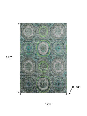 HomeRoots 9' X 12' Vibrant Teal & Lime Green Geometric Area Rug - Washable, UV-Protected, Pet-Friendly Style! 716526