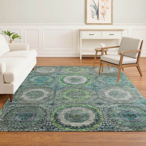 HomeRoots 9' X 12' Vibrant Teal & Lime Green Geometric Area Rug - Washable, UV-Protected, Pet-Friendly Style! 716526