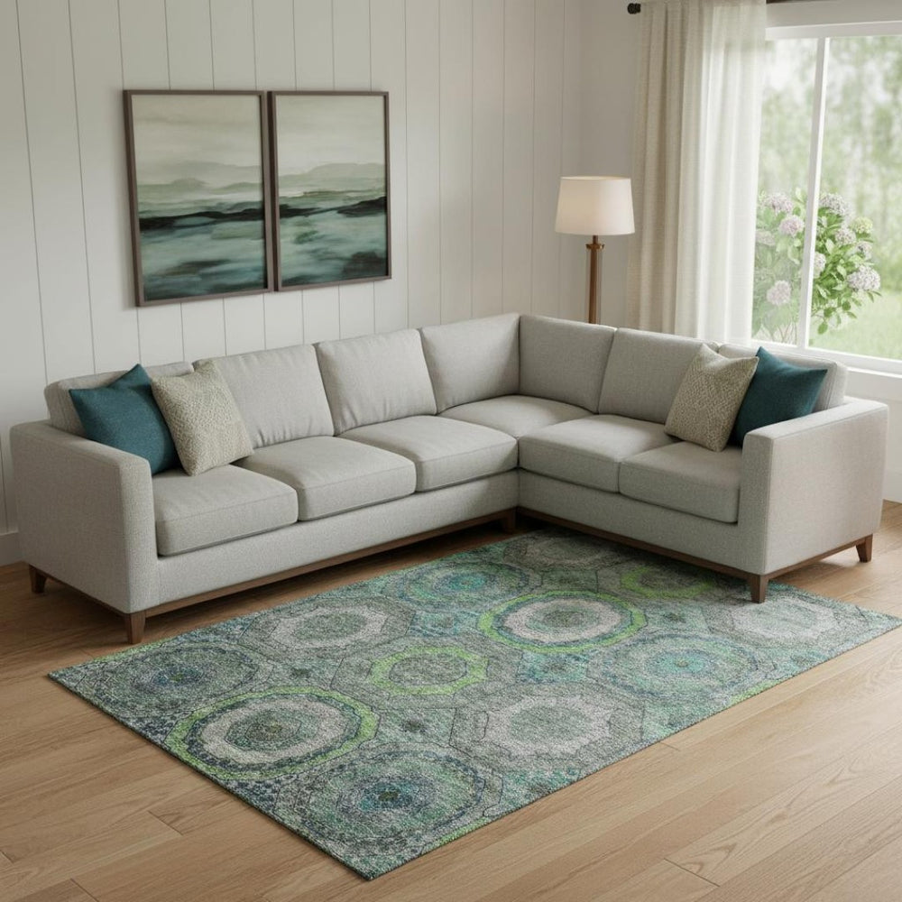 HomeRoots 9' X 12' Vibrant Teal & Lime Green Geometric Area Rug - Washable, UV-Protected, Pet-Friendly Style! 716526