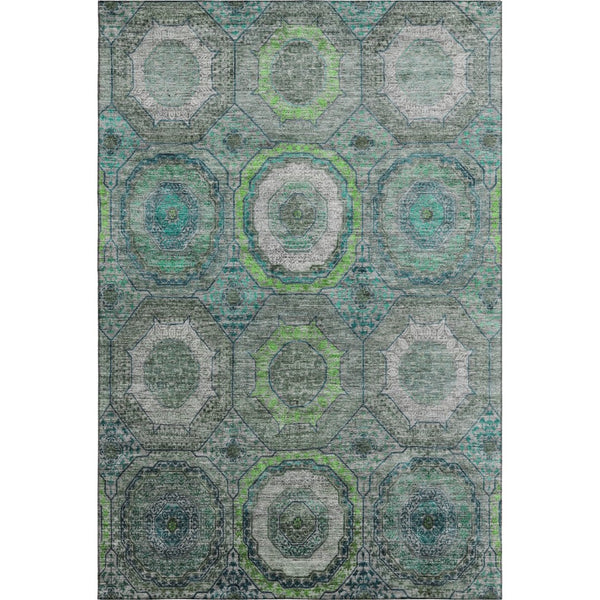 HomeRoots 10' Teal and Lime Green Geometric Area Rug - Machine Washable, UV Protected, Durable for High Traffic Spaces 716527