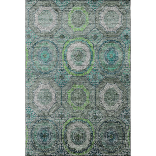 HomeRoots 10' Teal and Lime Green Geometric Area Rug - Machine Washable, UV Protected, Durable for High Traffic Spaces 716527