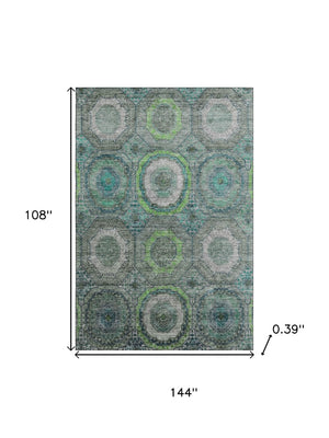 HomeRoots 10' Teal and Lime Green Geometric Area Rug - Machine Washable, UV Protected, Durable for High Traffic Spaces 716527