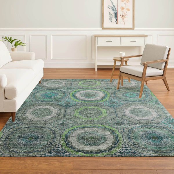 HomeRoots 10' Teal and Lime Green Geometric Area Rug - Machine Washable, UV Protected, Durable for High Traffic Spaces 716527