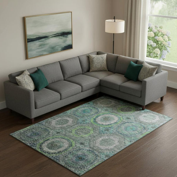 HomeRoots 10' Teal and Lime Green Geometric Area Rug - Machine Washable, UV Protected, Durable for High Traffic Spaces 716527