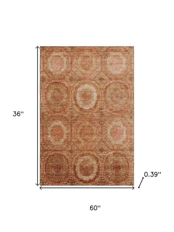 HomeRoots 5' X 8' Terra Cotta & Copper Geometric Area Rug - Washable, UV-Protected, Stain-Resistant Design 716529