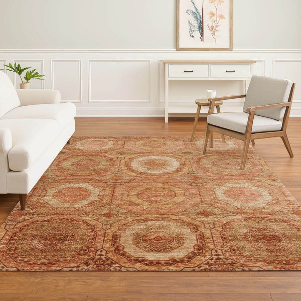 HomeRoots 5' X 8' Terra Cotta & Copper Geometric Area Rug - Washable, UV-Protected, Stain-Resistant Design 716529
