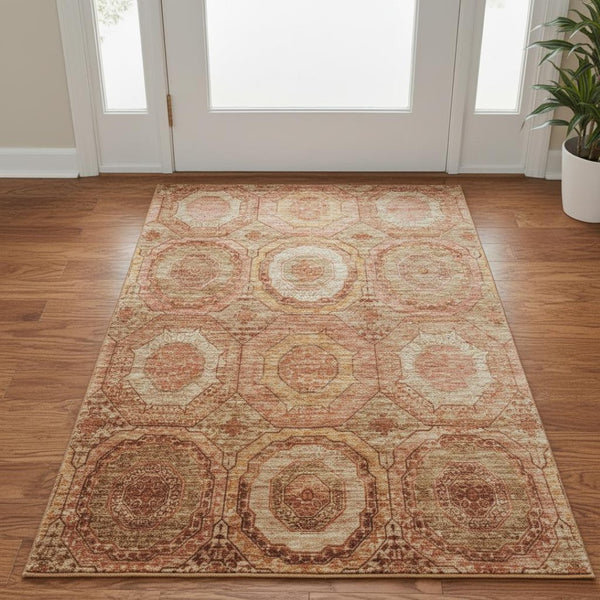 HomeRoots 5' X 8' Terra Cotta & Copper Geometric Area Rug - Washable, UV-Protected, Stain-Resistant Design 716529