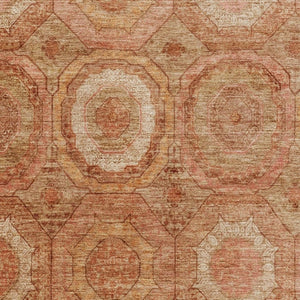 HomeRoots 8' Washable Terra Cotta and Copper Geometric Round Rug with UV Protection for Modern Spaces 716530