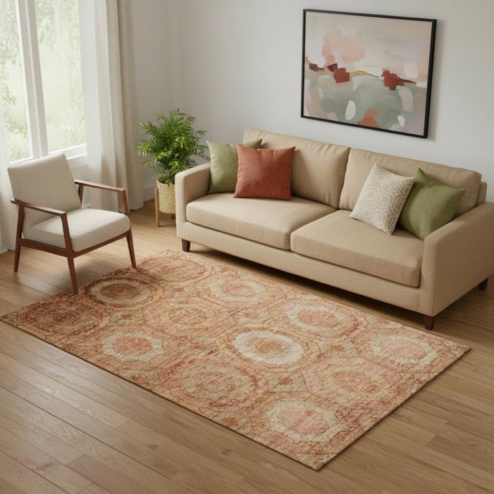HomeRoots 8' Washable Terra Cotta and Copper Geometric Round Rug with UV Protection for Modern Spaces 716530
