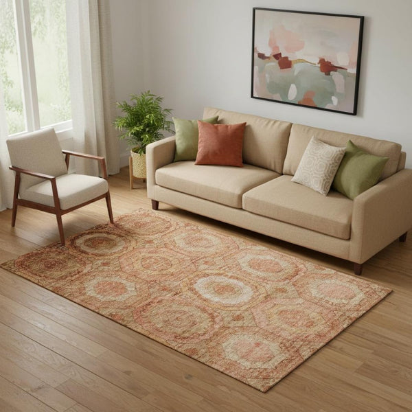 HomeRoots 8' Washable Terra Cotta and Copper Geometric Round Rug with UV Protection for Modern Spaces 716530