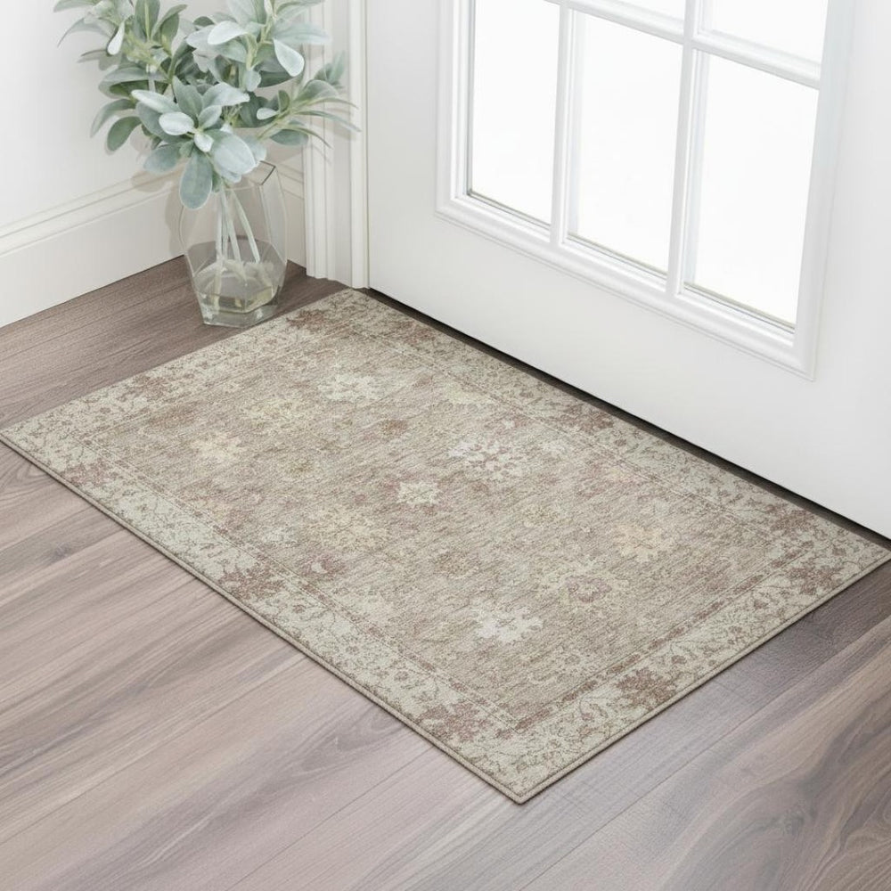 HomeRoots 5' X 8' Khaki and Beige Washable Oriental Area Rug with UV Protection for High-Traffic Spaces 716541