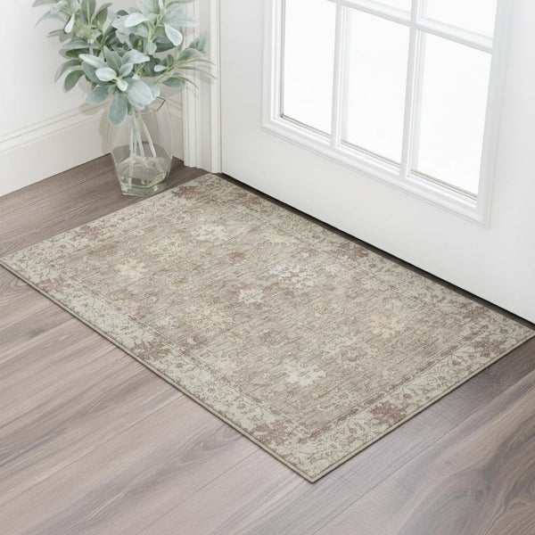 HomeRoots 5' X 8' Khaki and Beige Washable Oriental Area Rug with UV Protection for High-Traffic Spaces 716541
