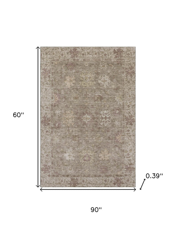 HomeRoots 8' Khaki and Beige Oriental Washable Round Rug - Stylish, Stain Resistant, UV Protected & Durable! 716542