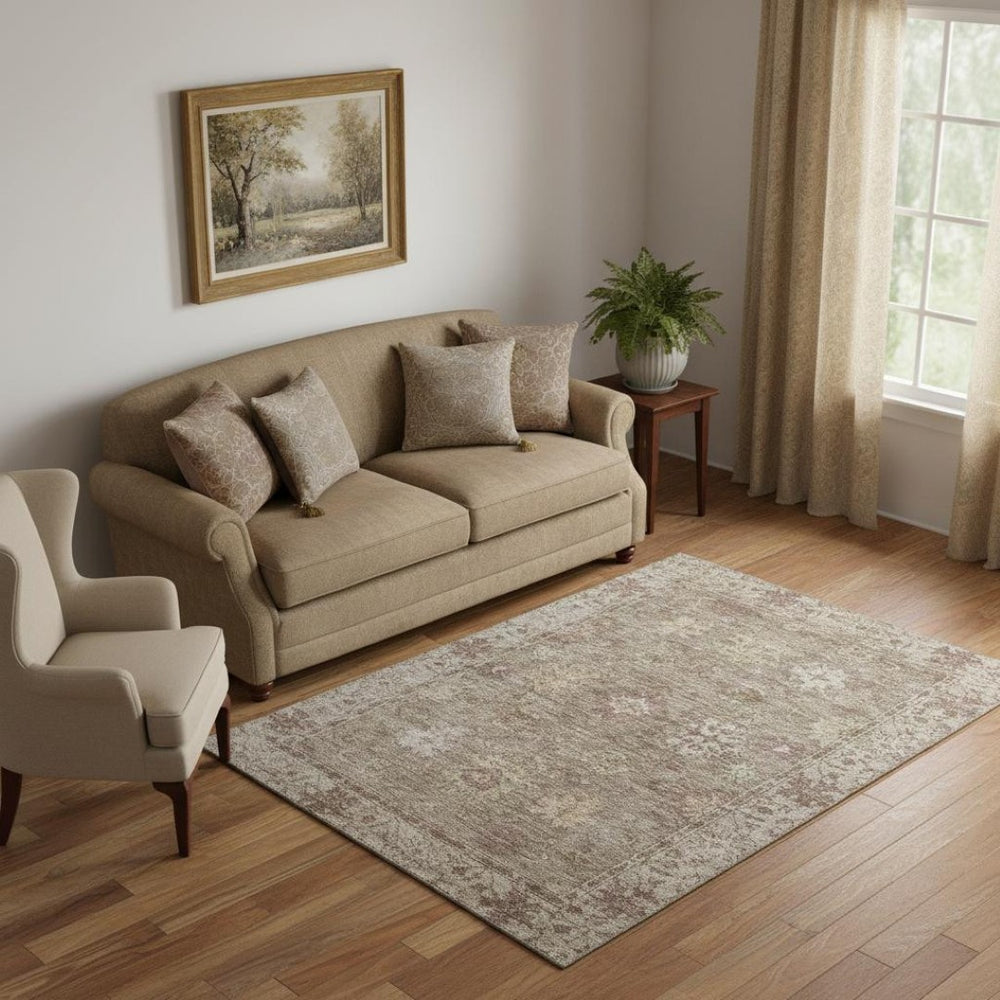 HomeRoots 8' Khaki and Beige Oriental Washable Round Rug - Stylish, Stain Resistant, UV Protected & Durable! 716542