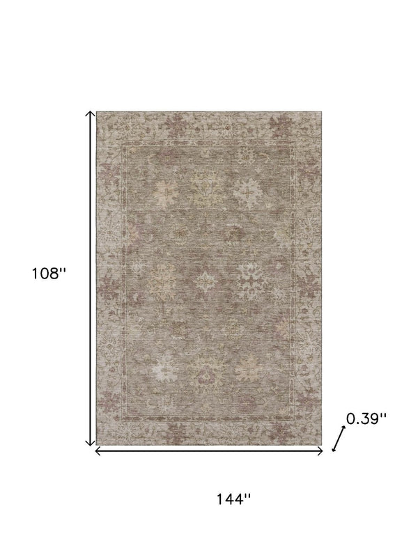 HomeRoots 10' X 14' Khaki & Beige Oriental Washable Area Rug - UV Protected, Non-Slip, Stain Resistant Design 716545
