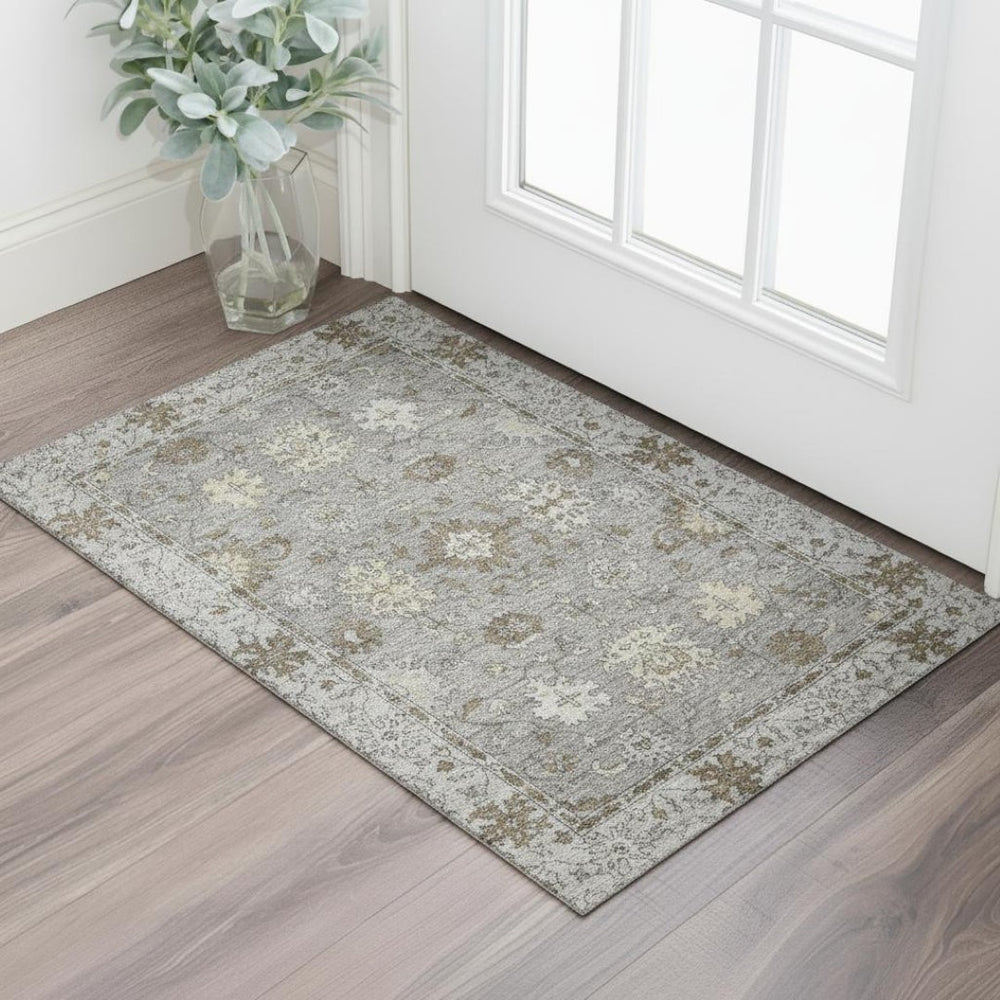 HomeRoots 5' X 8' Pewter & Taupe Oriental Rug - Washable, Stain-Resistant, UV-Protected for Family Comfort 716547