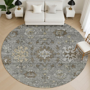 HomeRoots 8' X 10' Elegant Pewter & Taupe Oriental Washable Area Rug - UV Protected, Pet-Friendly & Durable 716549