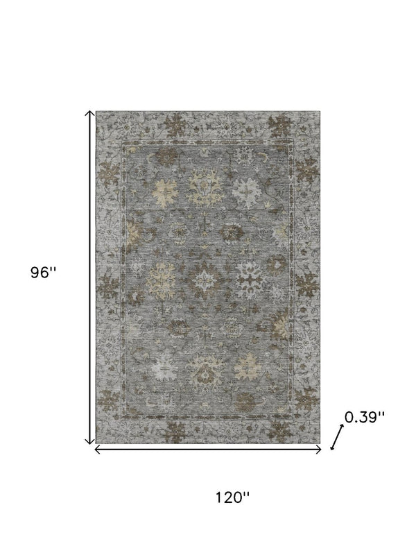 HomeRoots 9' X 12' Pewter and Taupe Oriental Area Rug – Machine Washable, UV Protected, Stain Resistant Design 716550