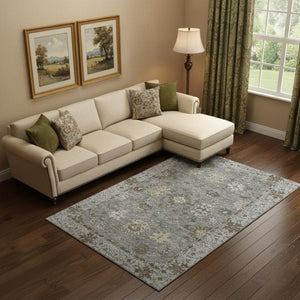 HomeRoots 9' X 12' Pewter and Taupe Oriental Area Rug – Machine Washable, UV Protected, Stain Resistant Design 716550