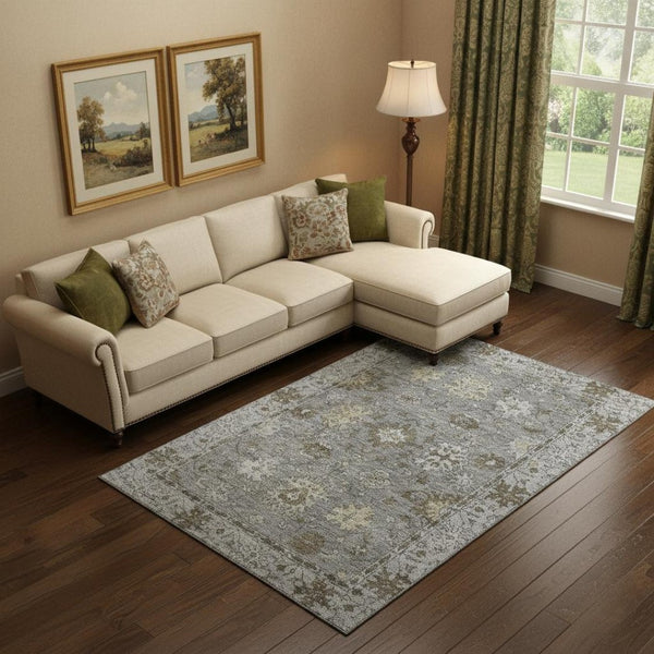 HomeRoots 9' X 12' Pewter and Taupe Oriental Area Rug – Machine Washable, UV Protected, Stain Resistant Design 716550