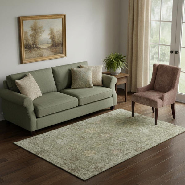 HomeRoots 8' Sage and Beige Oriental Round Rug - Washable, UV Protected, Stylish & Durable for Active Homes 716554