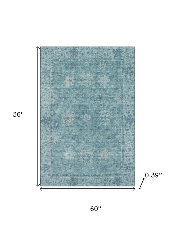 HomeRoots 5' X 8' Teal and Blue Oriental Area Rug - Durable, Washable, UV-Protected for High-Traffic Spaces 716559